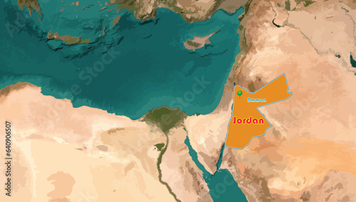 Hashemite Kingdom of Jordan or Jordan map on the world background. The capital city is Amman. It's famous with more than 100,000 archaeological, religious and tourist spots. A rich in history, culture