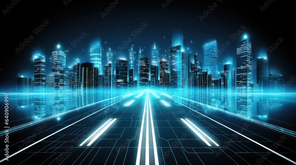 Information super highway. Neon streaming lights. Speed an motion on the road. Futuristic cityscape skyline.