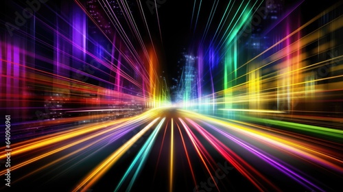 Information super highway. Neon streaming lights. Speed an motion on the road. Futuristic cityscape skyline.