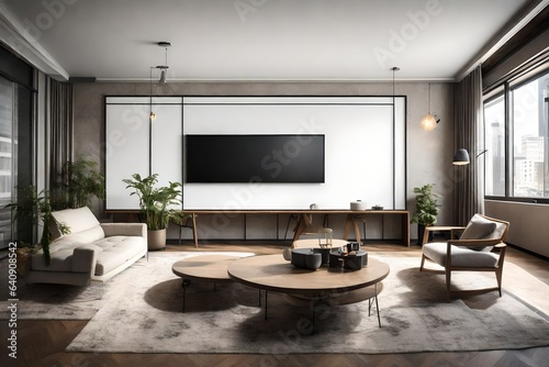 A well-appointed TV lounge room with a blank white canvas frame for a mockup  evoking a sense of creative possibility amidst entertainment. 