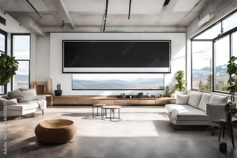An open-concept TV lounge room with panoramic windows and a white empty canvas frame for a mockup, inviting the outside world in.
An open-concept TV lounge room with panoramic windows and a white empty canvas frame for a mockup, inviting the outside world in.