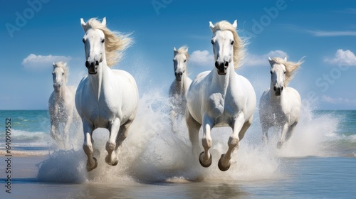 Incredible photography of white horses running on a white sand beach, sunny morning. Generative AII