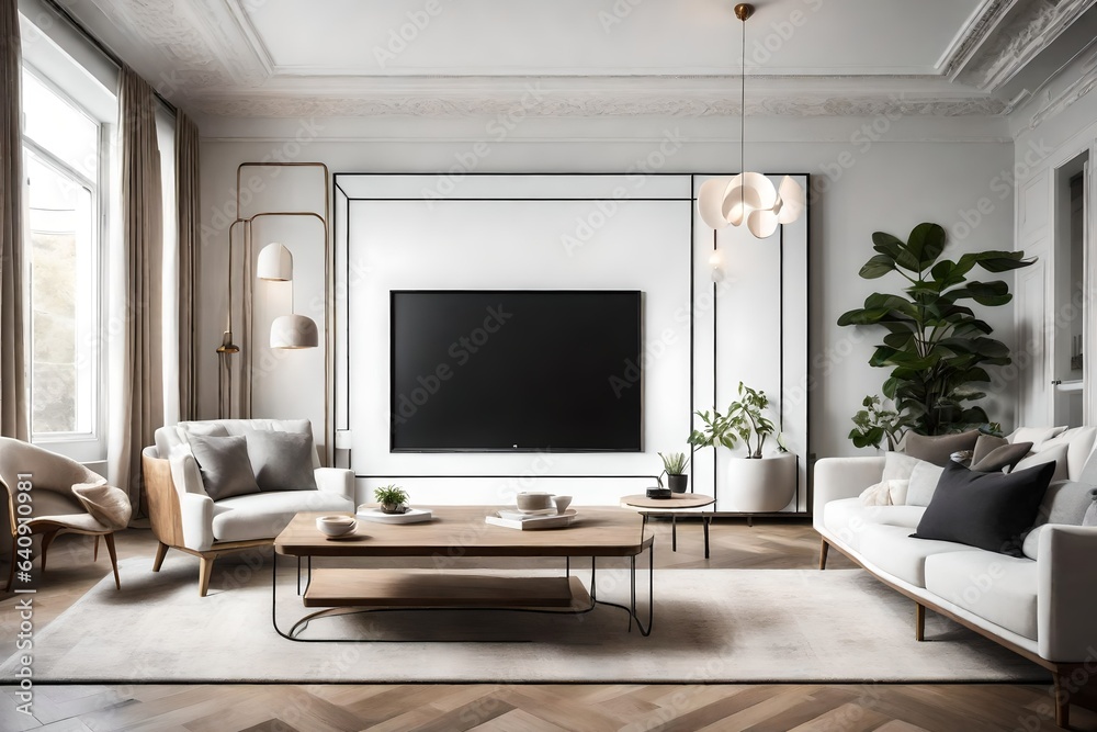 A tastefully decorated TV lounge room with a white empty canvas frame for a mockup, subtly enhancing the room's sophisticated atmosphere.
A tastefully decorated TV lounge room with a white empty canvas frame for a mockup, subtly enhancing the room's sophisticated atmosphere.