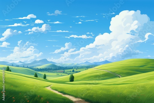 Summer fields hills landscape green grass blue sky