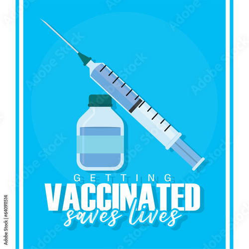 Isolated syringe and vaccine bottle Vaccines save lifes Vector