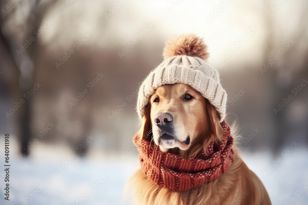 Dog in a winter knitted cap outdoors, copyspace. Generative AI