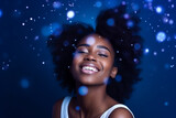 Young smiling afro-american woman on the blurred cosmic background. Generative AI