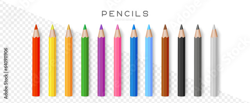 Color pencils. Set of realistic colored pencils or crayons isolated on transparent background. School equipment. Vector illustration