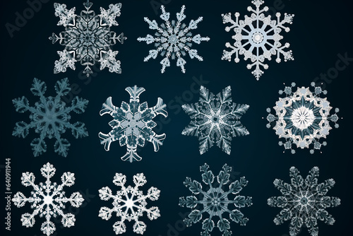 Rows of beautiful snowflakes on the dark blue contrast background. Generative AI