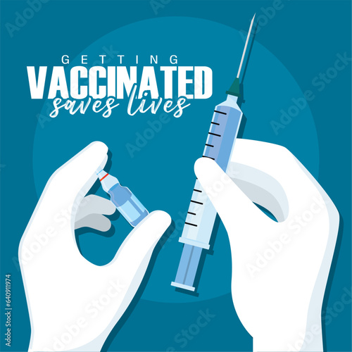 Hands holding a vaccine bottle and syringe Vaccines save lifes Vector