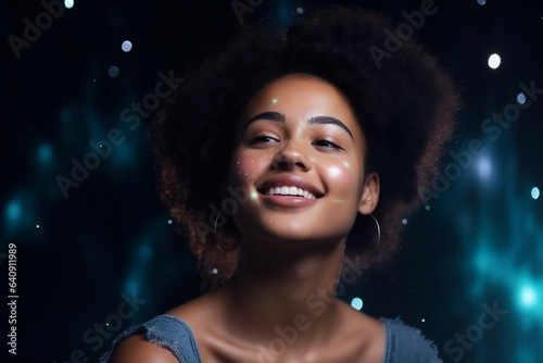 Young smiling afro-american woman on the blurred dark blue holographic background. Generative AI