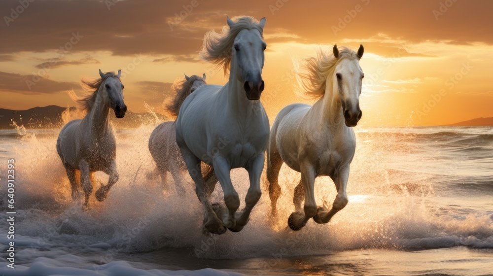 Incredible photography of white horses running on a white sand beach, sunny morning. Generative AII