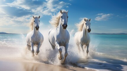 Incredible photography of white horses running on a white sand beach, sunny morning.