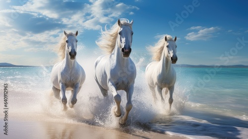 Fotografia Incredible photography of white horses running on a white sand beach, sunny morning