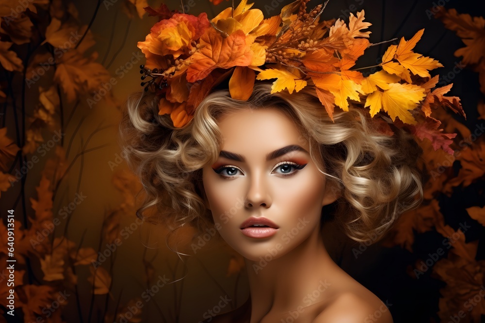 Fototapeta premium Autumn woman portrait. Beautiful girl with long curly hair. Beauty, fashion.