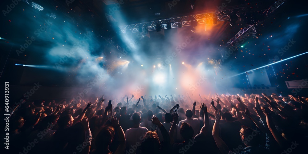 Concert crowd at a music festival in front of a live stage. Live, rock concert, party, festival night club crowd cheering, stage lights. music concert performance in a huge young crowd stadium arena h