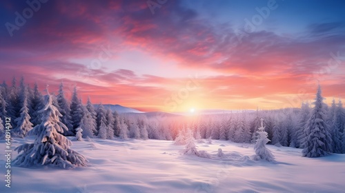 Winter landscape wallpaper with pine forest covered with snow and scenic sky at sunset. © mandu77