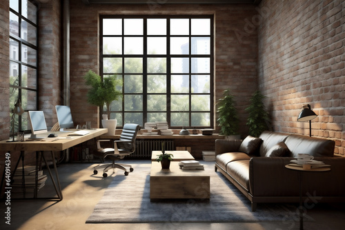 Modern Loft-Style Office Interior  Industrial Style  Brick Walls  Wood Floor  Leather Furniture  Natural Lighting  Generative AI