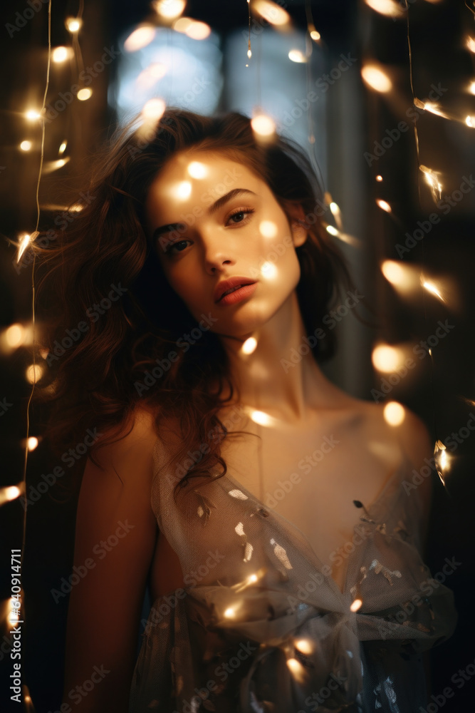 woman/model/book character surrounded by magical ethereal fairy light setting celebration party new years eve  in a fashion/beauty editorial magazine style film photography look - generative ai art