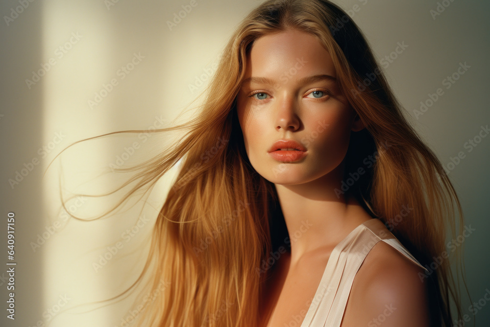 Fototapeta premium portrait of a woman/model/book character in a close up with long blonde red hair in a fashion/beauty editorial advertisement magazine style film photography look - generative ai art