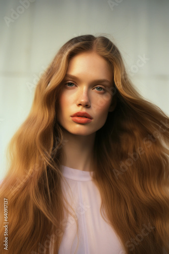 portrait of a woman/model/book character in a close up with long blonde red hair in a fashion/beauty editorial advertisement magazine style film photography look - generative ai art
