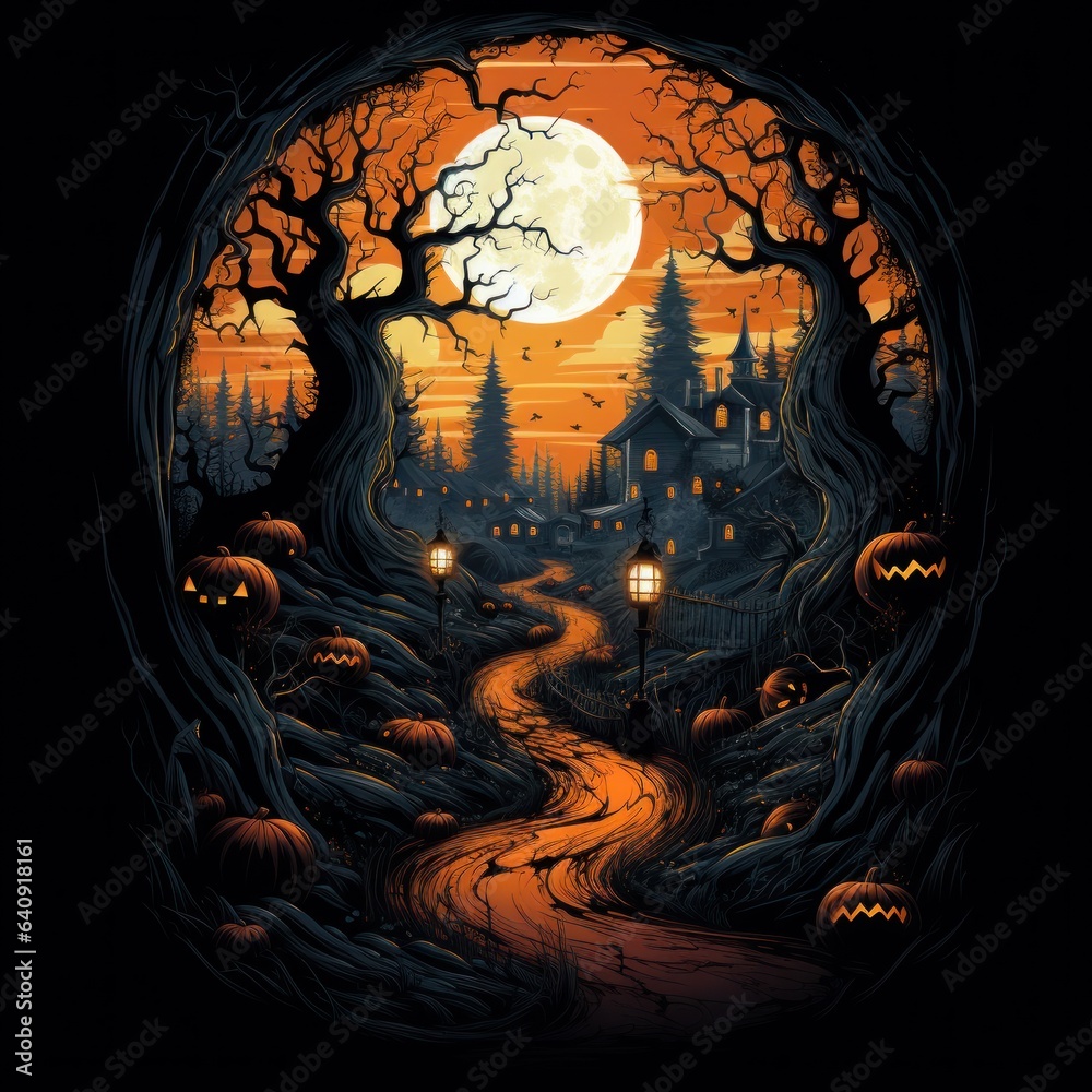 Halloween night landscape with moon