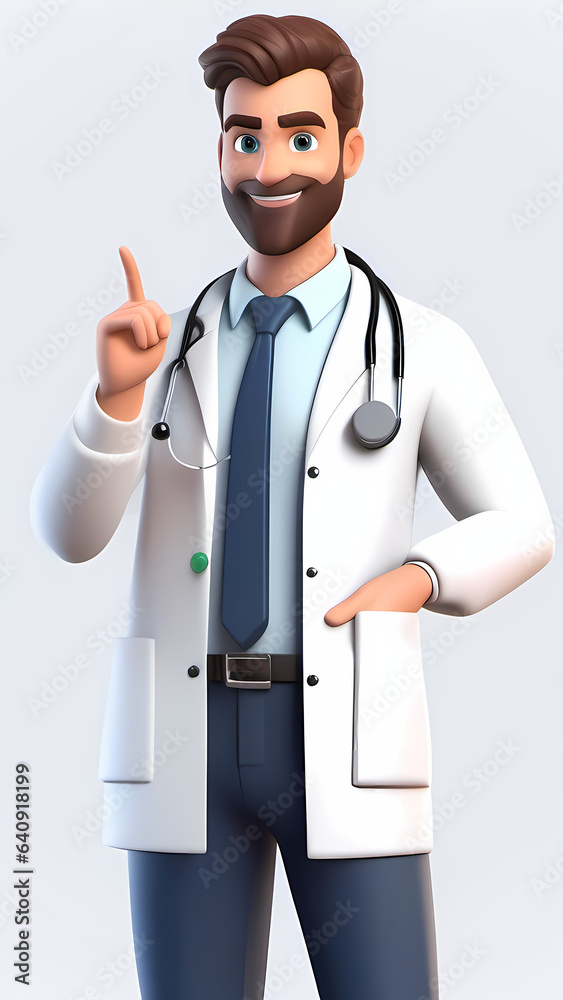 Cartoon 3D doctor character with a stethoscope pointing at something and smiling at the camera. Cartoon 3D doctor character with a stethoscope pointing at something and smiling at the camera.