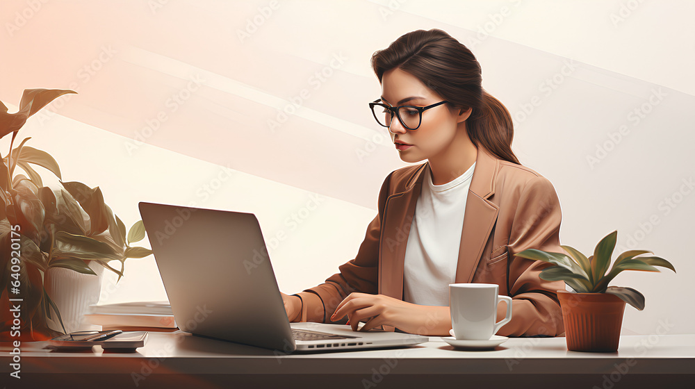 A lovely young woman diligently engrossed in laptop work, a freelancing girl or student, sits with her computer at a cafe table.