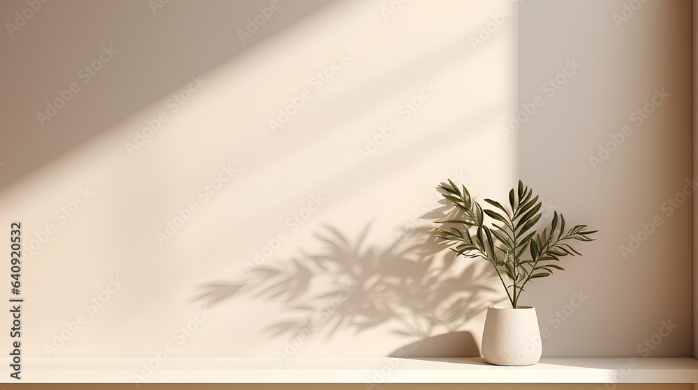 A minimalistic and abstract backdrop in a soft, gentle beige hue, crafted for product presentations. It features delicate lighting and intricate shadows cast by the window and vegetation upon the wall