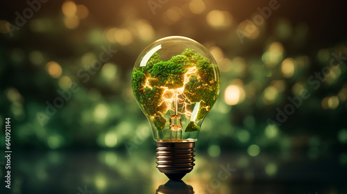 Wallpaper Mural Sustainable Energy Solutions. Upholding the environment through renewables, ensuring lasting energy sources. A world map in green rests within a light bulb on a verdant backdrop Torontodigital.ca