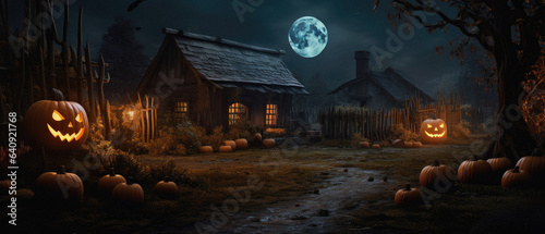 Halloween spooky background, scary jack o lantern pumpkins in creepy dark Happy Haloween ghosts horror mysterious night village street garden with old haunted house mystic backdrop.