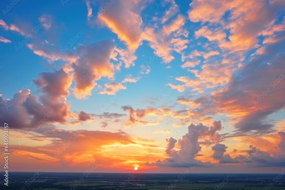 Wonderful sunset sky with puffy clouds with vibrant colors - background stock concepts