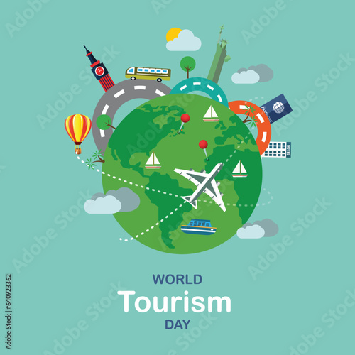 Free vector world tourism day background with world and monuments