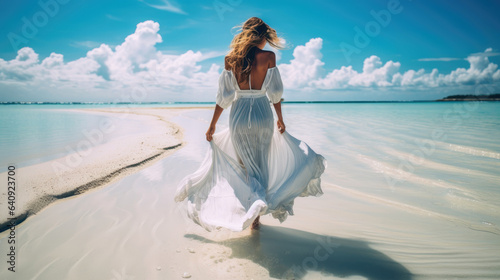 Beautiful woman in a white flowing dress walking on the beach in the Maldives. Generative AI