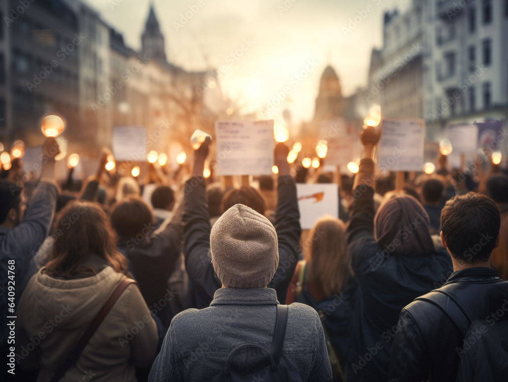 Back view of a group of protesters holding placard and candles, and marching on the street.