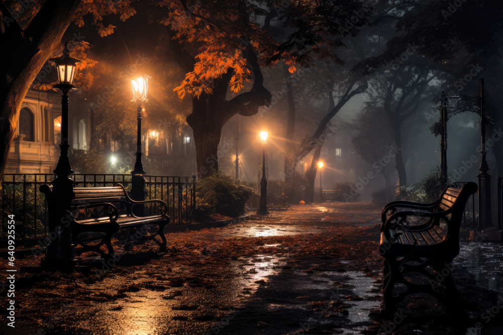 Spooky empty street or city park in autumn mist on Halloween night