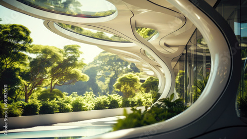 Futuristic architecture eco design, green plants on building facade