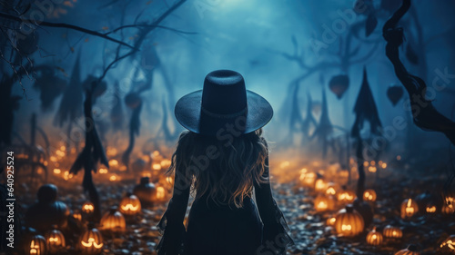 Young woman in black gothic clothing walks in wood on Halloween night