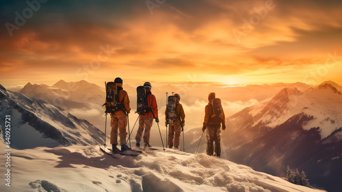 Alpenglow Majesty: Skiers on Summit at Sunset in the Mountains, generative ai 