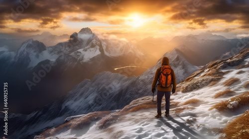 Capturing the Serenity of Nature: A Lone Hiker Amidst the Majestic Mountains, Basking in the Warm Glow of a Mesmerizing Sunset, generative ai 