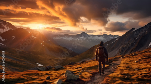 Capturing the Serenity of Nature: A Lone Hiker Amidst the Majestic Mountains, Basking in the Warm Glow of a Mesmerizing Sunset, generative ai  © Marc