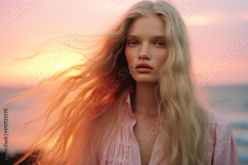 portrait of a woman/model with long pastel blonde hair in sunset setting in a fashion/beauty editorial advertisement magazine style film photography look hair dye - generative ai art © MaryAnn