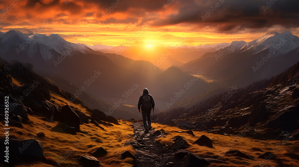 Capturing the Serenity of Nature: A Lone Hiker Amidst the Majestic Mountains, Basking in the Warm Glow of a Mesmerizing Sunset, generative ai 