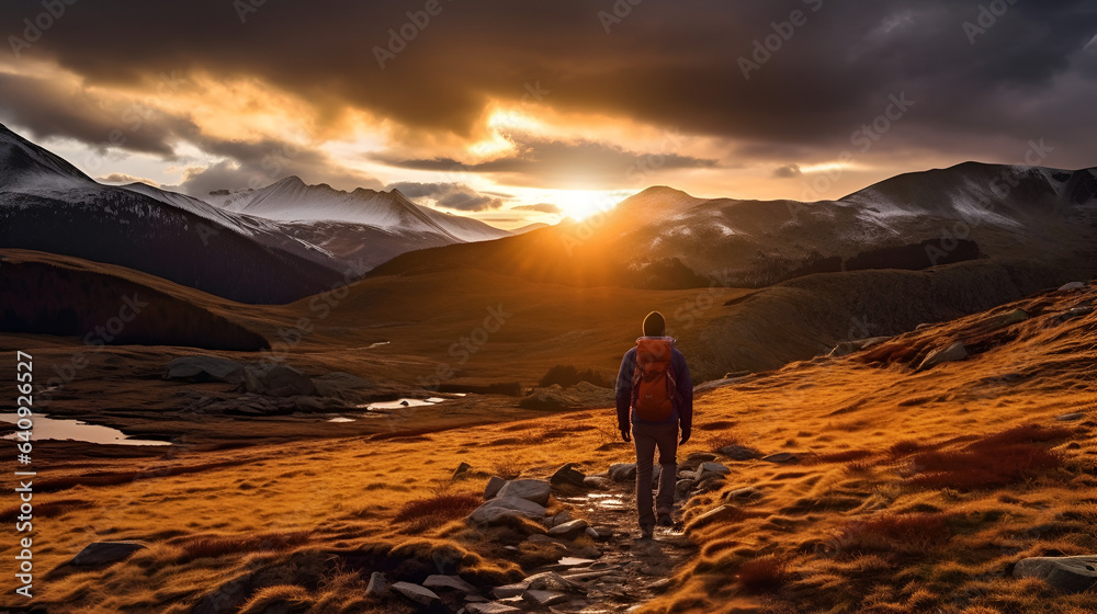Capturing the Serenity of Nature: A Lone Hiker Amidst the Majestic Mountains, Basking in the Warm Glow of a Mesmerizing Sunset, generative ai Capturing the Serenity of Nature: A Lone Hiker Amidst the Majestic Mountains, Basking in the Warm Glow of a Mesmerizing Sunset, generative ai