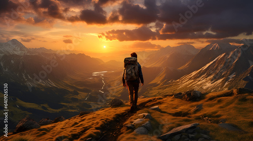 Capturing the Serenity of Nature  A Lone Hiker Amidst the Majestic Mountains  Basking in the Warm Glow of a Mesmerizing Sunset  generative ai 