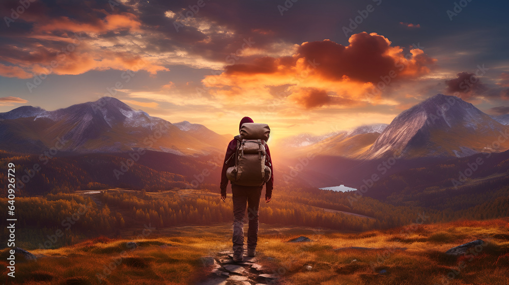 Capturing the Serenity of Nature: A Lone Hiker Amidst the Majestic Mountains, Basking in the Warm Glow of a Mesmerizing Sunset, generative ai 