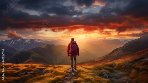 Capturing the Serenity of Nature  A Lone Hiker Amidst the Majestic Mountains  Basking in the Warm Glow of a Mesmerizing Sunset  generative ai 