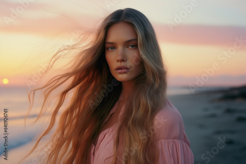 portrait of a woman/model with long pastel blonde hair in sunset setting in a fashion/beauty editorial advertisement magazine style film photography look hair dye - generative ai art