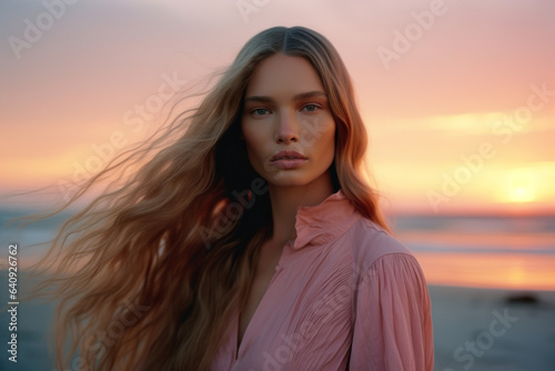 portrait of a woman/model with long pastel blonde hair in sunset setting in a fashion/beauty editorial advertisement magazine style film photography look hair dye - generative ai art © MaryAnn