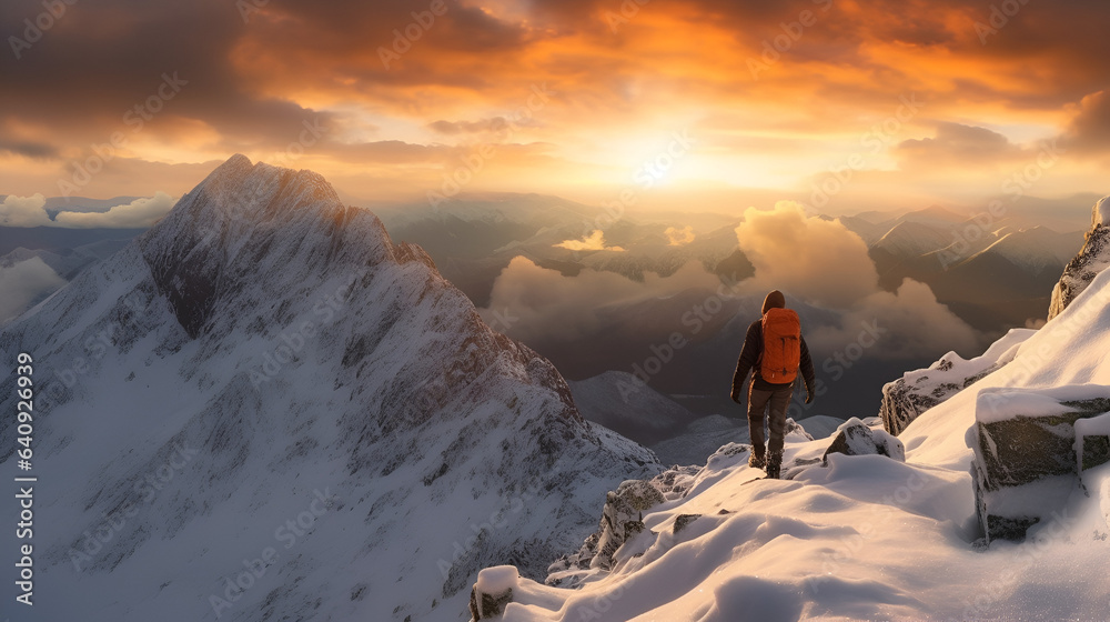 Embracing Winter Wonders: Hiker's Adventure Amidst Snow-Covered Alpine Peaks and Majestic Mountain Landscapes, generative ai 